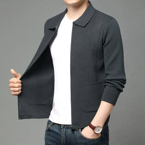 High Quality Korean Style Knit Cardigan Men Fashion Casual Turn Down Collar Knitted Sweatercoat Mens Solid Color Sweater Jackets