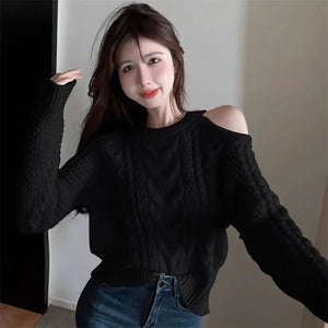 Women's Clothing Off Shoulder Sweet Sweaters Autumn/Winter Sexy Unique Tops Lady Elegant Crew Neck Knitted All-match Pullovers