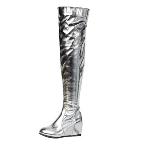 ORCHA LISA Over Knee Boots 60cm High Shiny Fashion Round Toe Wedge Heel Heel Big Size 47 48 US16 US17 Red Black