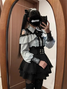 3-Color Sweet Gothic Lolita Coord Set, Off Shoulder Lace Blouse & High Waist Skirt, Kawaii Japanese Style Two Piece Outfit S-XL