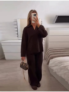 Casual Simple Loose Sweater Trousers Set Solid Color Retro Versatile Comfortable Streetwear Top Pants Commuting Women's Outfit