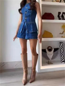Summer Women's Denim Shorts Suit Sleeveless O-neck Single Breasted Split Top Vest High Waist Wide Leg Shorts 2024 Lady Sets