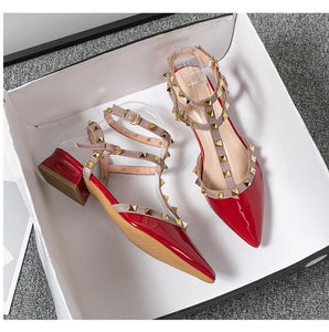 Summer high-heeled women's sandals Fashion brand design pointed rivet red casual shoes Large size 41-43