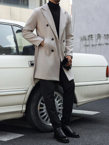 Fall/winter men's and women's solid color double breasted woolen coat with belt and collar, business casual long sleeved jacket,