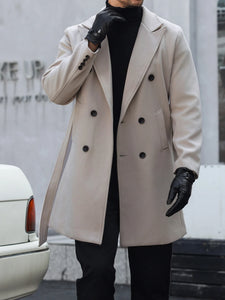 Fall/winter men's and women's solid color double breasted woolen coat with belt and collar, business casual long sleeved jacket,