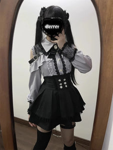 3-Color Sweet Gothic Lolita Coord Set, Off Shoulder Lace Blouse & High Waist Skirt, Kawaii Japanese Style Two Piece Outfit S-XL