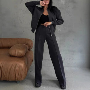 FSMG Casual Sweatshirt Pants Set Solid Zippers Jackets Loose High Waist Lace-up Elastic Waist Trousers Suits Sportswear 2 Pieces