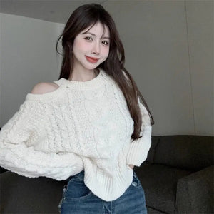 Women's Clothing Off Shoulder Sweet Sweaters Autumn/Winter Sexy Unique Tops Lady Elegant Crew Neck Knitted All-match Pullovers
