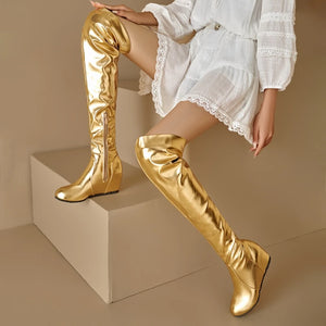 ORCHA LISA Over Knee Boots 60cm High Shiny Fashion Round Toe Wedge Heel Heel Big Size 47 48 US16 US17 Red Black