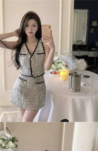 Ele Two-Piece Set  Sensation Small Cro Faion ort Women's Clothing Whole Set V-Ne Buttoning Polyester