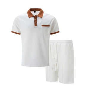 2025 summer new men waffle pocket color matching POLO shirt short sleeve shirt T-shirt shorts two sets