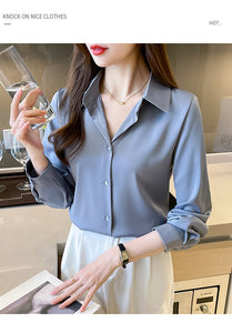 New Spring satin shirts solid color office ladies shirts fashion Women Blouses Long Sleeve Tops Blusas Mujer