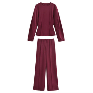 HH Women's 2-Piece Set Fashion Slimming Double-Sided Fabric Round Neck Long-Sleeve Top+Elegant Stretch Casual Wide Leg Pants