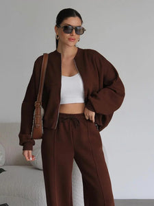 FSMG Casual Sweatshirt Pants Set Solid Zippers Jackets Loose High Waist Lace-up Elastic Waist Trousers Suits Sportswear 2 Pieces
