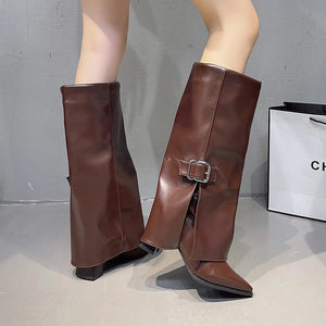 Fashion High Heels Knee High Boots for Women Winter 2025 Trend Pointed Toe Knight Boots Woman Fold Over PU Leather Long Botas