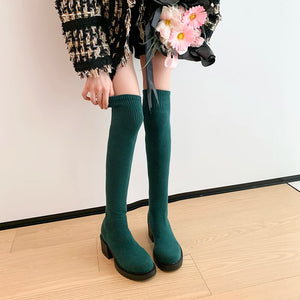 Stretchy Knit Over The Knee Boots Women Plus Size 35-42 Thick Heel Long Boots Woman Comfortable Slip On Slim High Botas Mujer