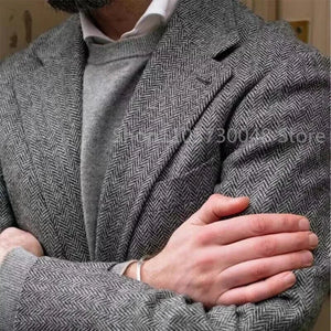 Gray Herringbone Wool Tweed Winter Suit Blazer Single Breasted Suit Jacket Formal Fashion Notch Lapel Coat for Wedding/Business