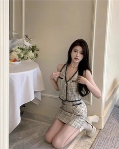 Ele Two-Piece Set  Sensation Small Cro Faion ort Women's Clothing Whole Set V-Ne Buttoning Polyester