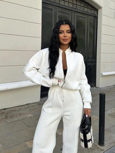 FSMG Casual Sweatshirt Pants Set Solid Zippers Jackets Loose High Waist Lace-up Elastic Waist Trousers Suits Sportswear 2 Pieces