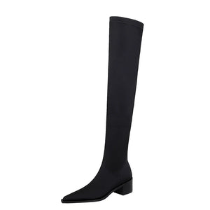 BIGTREE Shoes Women Sexy Over The Knee Boots Pointed Top Stretch Boots Thick Heel High Boots Black Long Boots Autumn Winter Shoe