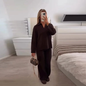 Casual Simple Loose Sweater Trousers Set Solid Color Retro Versatile Comfortable Streetwear Top Pants Commuting Women's Outfit