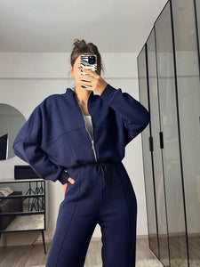 FSMG Casual Sweatshirt Pants Set Solid Zippers Jackets Loose High Waist Lace-up Elastic Waist Trousers Suits Sportswear 2 Pieces