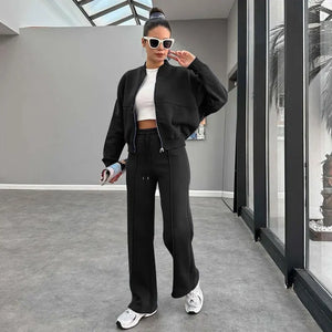 FSMG Casual Sweatshirt Pants Set Solid Zippers Jackets Loose High Waist Lace-up Elastic Waist Trousers Suits Sportswear 2 Pieces