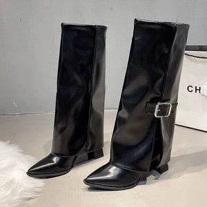 Fashion High Heels Knee High Boots for Women Winter 2025 Trend Pointed Toe Knight Boots Woman Fold Over PU Leather Long Botas