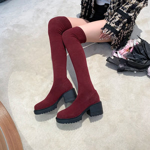 Stretchy Knit Over The Knee Boots Women Plus Size 35-42 Thick Heel Long Boots Woman Comfortable Slip On Slim High Botas Mujer