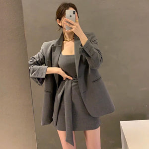 Ele Long Sve Suit Jaet ort Coat + Waist-Cinching Vest Dr Women's Faion Set Cotton Material Autumn Season