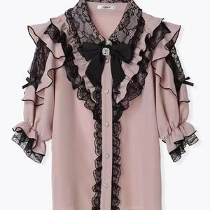 3-Color Sweet Gothic Lolita Coord Set, Off Shoulder Lace Blouse & High Waist Skirt, Kawaii Japanese Style Two Piece Outfit S-XL