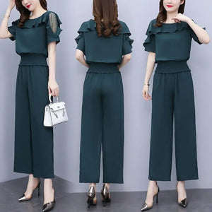Women's Summer Suit 2025 New Waistband Lace Openwork Off The Shoulder Short Sleeve Tops Wide Leg Pants 2 Two Piece Set For Women