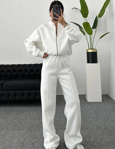FSMG Casual Sweatshirt Pants Set Solid Zippers Jackets Loose High Waist Lace-up Elastic Waist Trousers Suits Sportswear 2 Pieces