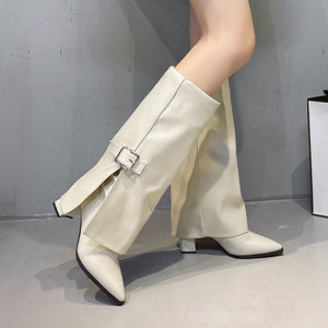Fashion High Heels Knee High Boots for Women Winter 2025 Trend Pointed Toe Knight Boots Woman Fold Over PU Leather Long Botas