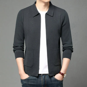 High Quality Korean Style Knit Cardigan Men Fashion Casual Turn Down Collar Knitted Sweatercoat Mens Solid Color Sweater Jackets