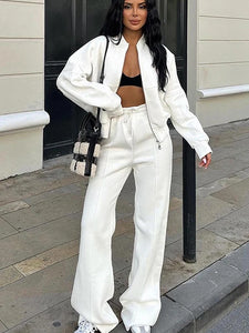 FSMG Casual Sweatshirt Pants Set Solid Zippers Jackets Loose High Waist Lace-up Elastic Waist Trousers Suits Sportswear 2 Pieces