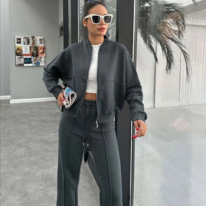 FSMG Casual Sweatshirt Pants Set Solid Zippers Jackets Loose High Waist Lace-up Elastic Waist Trousers Suits Sportswear 2 Pieces