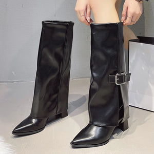 Fashion High Heels Knee High Boots for Women Winter 2025 Trend Pointed Toe Knight Boots Woman Fold Over PU Leather Long Botas