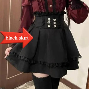 3-Color Sweet Gothic Lolita Coord Set, Off Shoulder Lace Blouse & High Waist Skirt, Kawaii Japanese Style Two Piece Outfit S-XL