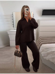 Casual Simple Loose Sweater Trousers Set Solid Color Retro Versatile Comfortable Streetwear Top Pants Commuting Women's Outfit