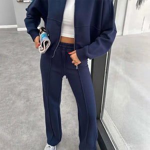 FSMG Casual Sweatshirt Pants Set Solid Zippers Jackets Loose High Waist Lace-up Elastic Waist Trousers Suits Sportswear 2 Pieces