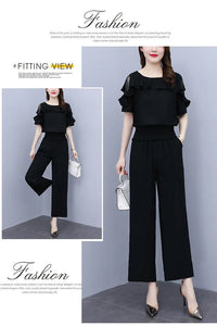 Women's Summer Suit 2025 New Waistband Lace Openwork Off The Shoulder Short Sleeve Tops Wide Leg Pants 2 Two Piece Set For Women