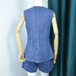Summer Women's Denim Shorts Suit Sleeveless O-neck Single Breasted Split Top Vest High Waist Wide Leg Shorts 2024 Lady Sets