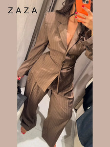 Vintage Brown Strip Blazer Jacket Pant Sets Padded Shoulder Slim Fit Suit Coat High Waist Casual Trousers 2025 New Autumn Outfit