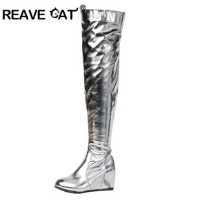 ORCHA LISA Over Knee Boots 60cm High Shiny Fashion Round Toe Wedge Heel Heel Big Size 47 48 US16 US17 Red Black