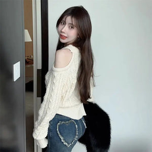 Women's Clothing Off Shoulder Sweet Sweaters Autumn/Winter Sexy Unique Tops Lady Elegant Crew Neck Knitted All-match Pullovers