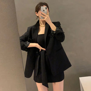 Ele Long Sve Suit Jaet ort Coat + Waist-Cinching Vest Dr Women's Faion Set Cotton Material Autumn Season