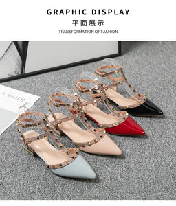 Summer high-heeled women's sandals Fashion brand design pointed rivet red casual shoes Large size 41-43