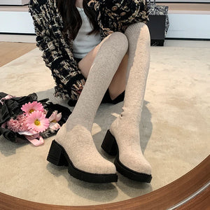 Stretchy Knit Over The Knee Boots Women Plus Size 35-42 Thick Heel Long Boots Woman Comfortable Slip On Slim High Botas Mujer