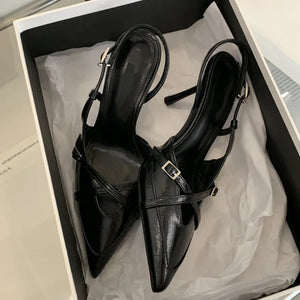 Temperament Pointed Toe Shallow Mouth High-heeled Single Shoes Women's Summer New One-word Cross Strap Stiletto Sandals